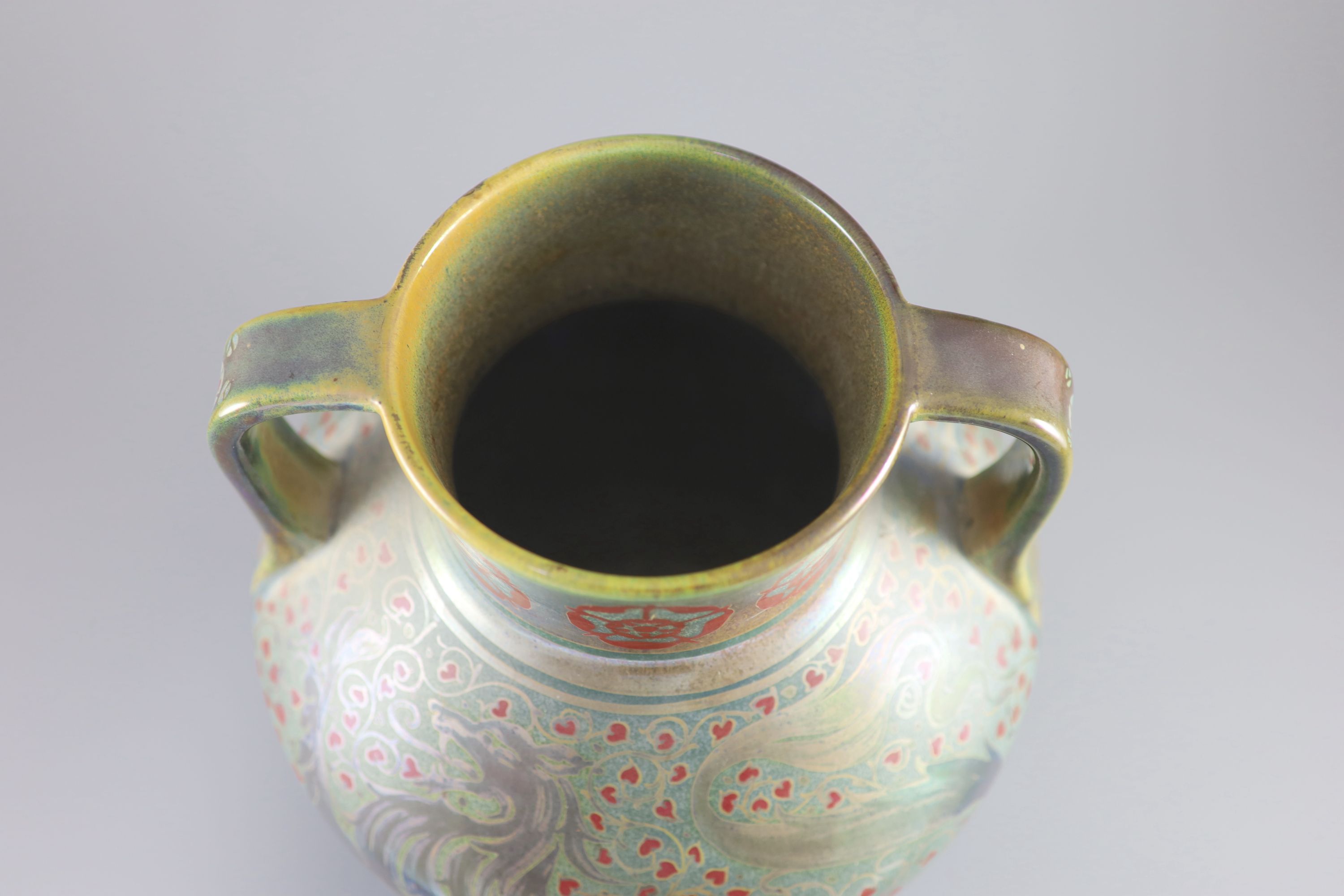 A Pilkingtons Royal Lancastrian lustre two handled vase, by Gordon M. Forsyth, 28.5cm high